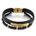 Bracelet multicouche homme en cuir avec plaque acier doré et perles en verre noires - Or (KB146266-KLHQ)