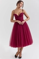 Detail of burgundy mesh dress with spaghetti straps and pleated heart-shaped neckline - S / Burgundy