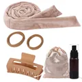 Beige velvet heatless hair curler set with scrunchies, claw clip, and spray bottle - Camel Small Scrunchie 6-Piece Set