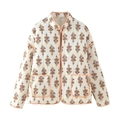 Close-up of vintage floral quilted jacket with standing collar and symmetrical pockets - XS / Beige Floral