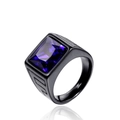 Men's black stainless steel ring with square purple gemstone and Greek key pattern - Black/Blue Zirconia