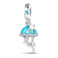 Macro view of silver jellyfish charm with teal enamel and sparkling zircon detail - Luminous Jellyfish Charm