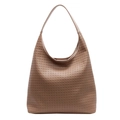Braune gewebte Hobo-Tasche aus Leder mit feiner Textur und nahtlosem Griff - Khaki