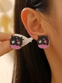 Gothic Halloween black cat earrings with pink floral star pattern in acrylic material - Black Cat Head Pattern Studs