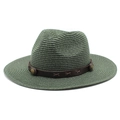 Chapeau Fedora vert olive à large bord avec bande décorative en cuir brun et boucle - M (56-58cm) / Vert Foncé