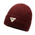 Winter knitted beanie in wine red with ribbed texture and triangle leather logo patch - Red