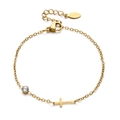 Minimalist gold stainless steel cross and zircon heart charm bracelet for women - Horizontal Cross Style (XN431-12)