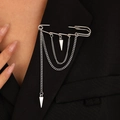 Silver chain brooch with geometric triangle pendants on black suit lapel - Silver Cone Geometry Style (4835)