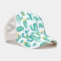 Close-up of ponytail trucker hat featuring green cactus prints and breathable mesh fabric - Style 22-White Cactus