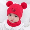 Red baby winter knitted hat and scarf set with dual pom-poms and cute smiley face - One Size / Smiley Style / Red