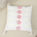 Minimalist tufted cushion cover in white and pink with tassels on a beige sofa - Style 2 (No Insert)