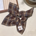 Brown plaid bow hair tie with a cute bear woven label in a vintage retro style - Brown Plaid Bear Tag