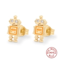 Boucles d'oreilles robot dorées en argent 925 avec détail orange et pierres claires - Argent 925 / Or - Robot Orange
