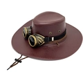 Steampunk wide-brim cowboy hat in dark red-brown leather with vintage goggles and cord - M(56-58cm) / Wine Red with Goggles