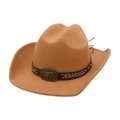 Detail of camel western cowboy hat featuring brown leather band and brass bull skull buckle - One Size / Camel (Bronze Bull Head)