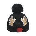 Kids black knit Christmas hat with sequin deer antlers and large faux fur pompom - M / Black