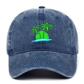 Detailed view of navy blue washed denim baseball cap with tropical palm tree embroidery - Navy Blue