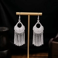 Ethnic style bright silver tassel earrings with retro floral engraving on a T-stand - Silver Hollow Disc Multi-Tubular Tassel Style (E3534)
