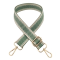 Close-up of green and beige herringbone woven bag strap with golden metal swivel hooks - Bean Green