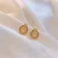 Elegant gold-tone circular earrings with white enamel rectangle and micro-set crystals - 50# Geometric Hoop Studs