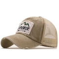 Vintage khaki washed cotton trucker hat with Explorer mountain patch and breathable mesh back - 05 Camel
