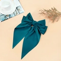 Elegant dark green satin oversized bow hair clip with long ribbon streamers - Dark Green