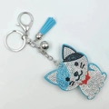Blue rhinestone cartoon cat keychain with matching leather tassel and silver bell charm - Lake Blue
