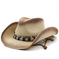 Western style straw sun hat with woven ethnic band and natural seashell accents - M (56-58cm) / Beige Coffee Gradient