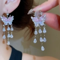 Detail of butterfly tassel earrings with pink cubic zirconia and long teardrop pendants - Pink Butterfly Ear Hook (7#)