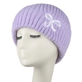 Bonnet en tricot lilas clair pour femme avec broderie nœud blanc pour l'hiver - Adulte / Violet