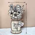 Close-up of Mother's Day wooden flower vase ornament with heart tag and engraving - MZ804A / White