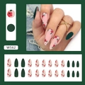 Matte dark green almond press-on nails with delicate floral hand-painted art designs - Retro Flowers (W562)
