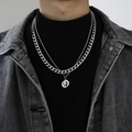 Men's silver layered stainless steel Cuban chain necklace with round letter pendant - Letter O (Double Chain + Pendant)
