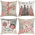 Set of 4 pink Christmas pillow covers featuring Santa Claus, snowman and festive trees - Pink Beige Black Warm Christmas Set