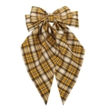 Detailed view of yellow plaid bow hair clip with streamers on a clean white background - Ginger Plaid