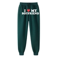 Dark green joggers with white I Love My Boyfriend text print and red heart symbol - S / Dark Green (Boyfriend)