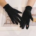 Women's black suede winter gloves with bow detail and touchscreen finger opening - Black Open Finger
