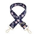 Detail of colorful floral wide bag strap with gold metal lobster clasps and adjustment buckle - No.138 Dark Blue Floral + Gold Buckle