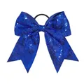 Macro detail of 8-inch bright blue sequined bow hair tie with elastic rubber band - Sky Blue