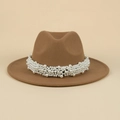 Detail of brown wool fedora featuring luxury pearl beaded bands on a beige background - M (56-58cm) / Khaki