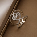 Hollow geometric open silver ring with sparkling heart cross design and small diamonds - Adjustable Open / Silver (13714)