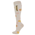 Beige compression knee-high sock featuring hamburger pattern and cloud design motifs - Burger