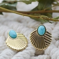 Bohemian 18K gold stainless steel scallop earrings with natural turquoise stone inlay - Gold with Sky Blue (Turquoise)