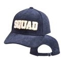 Detail of navy corduroy baseball cap with white SQUAD embroidery and gold sequins - SQUAD-Navy Blue