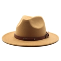 Classic camel wool fedora hat featuring a brown leather band with decorative metal rivets - One Size 58cm Circumference / Camel
