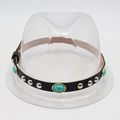 Detail view of black faux leather hat band with turquoise stones and silver studs - One Size / Three Green Stones