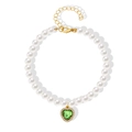 Pet pearl necklace featuring a green heart gemstone pendant with golden clasp - Green