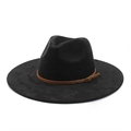 Detail of black suede fedora hat with brown leather band and metallic buckle detail - M (56-59cm) / Black