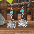 Vintage silver ginkgo leaf earrings with blue turquoise stone on wooden stand - Ginkgo Leaf Shape (S1837)