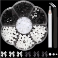 Black and white 3D bow nail charms set with pearls, picker pen, and tweezers kit - Trending Style 6 (With Tools)